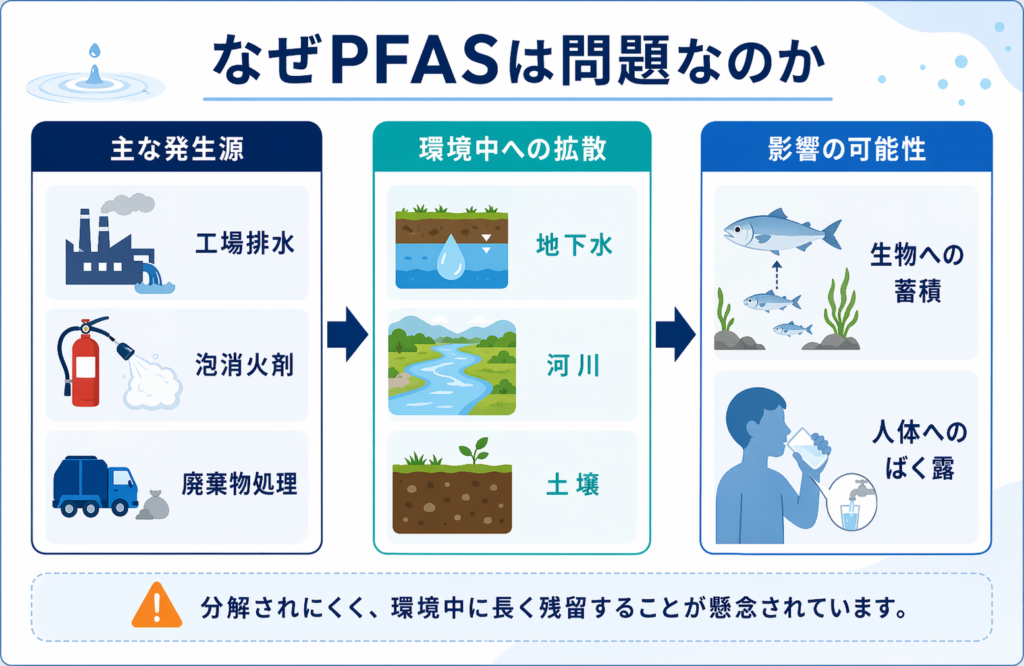 PFASの発生源と環境拡散、影響の可能性を示す図