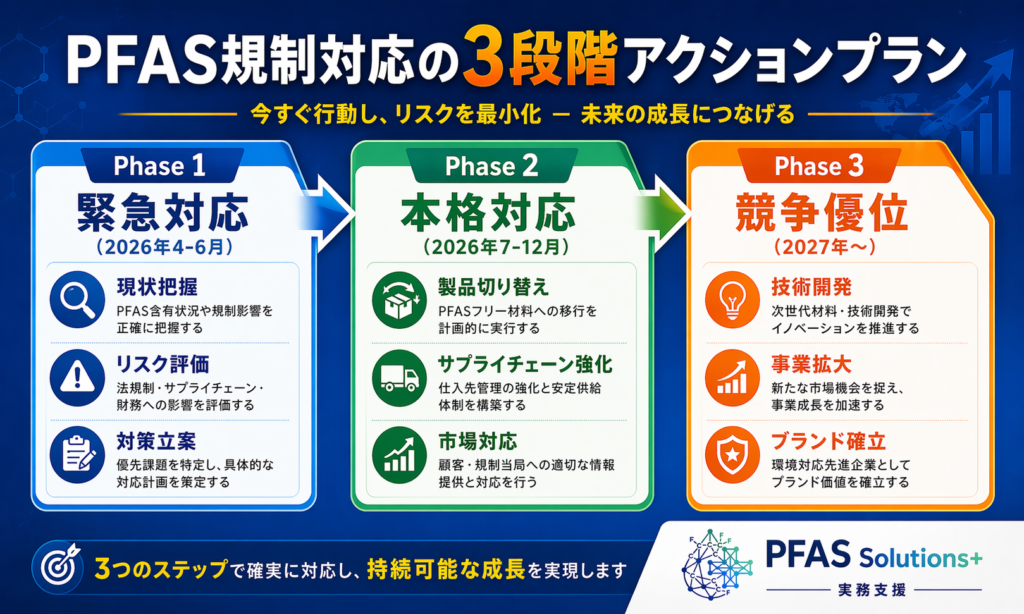 PFAS対策の3段階アクションプラン。Phase 1: 緊急対応（2026年4–6月）、Phase 2: 本格対応（2026年7–12月）、Phase 3: 競争優位（2027年〜）の概要。