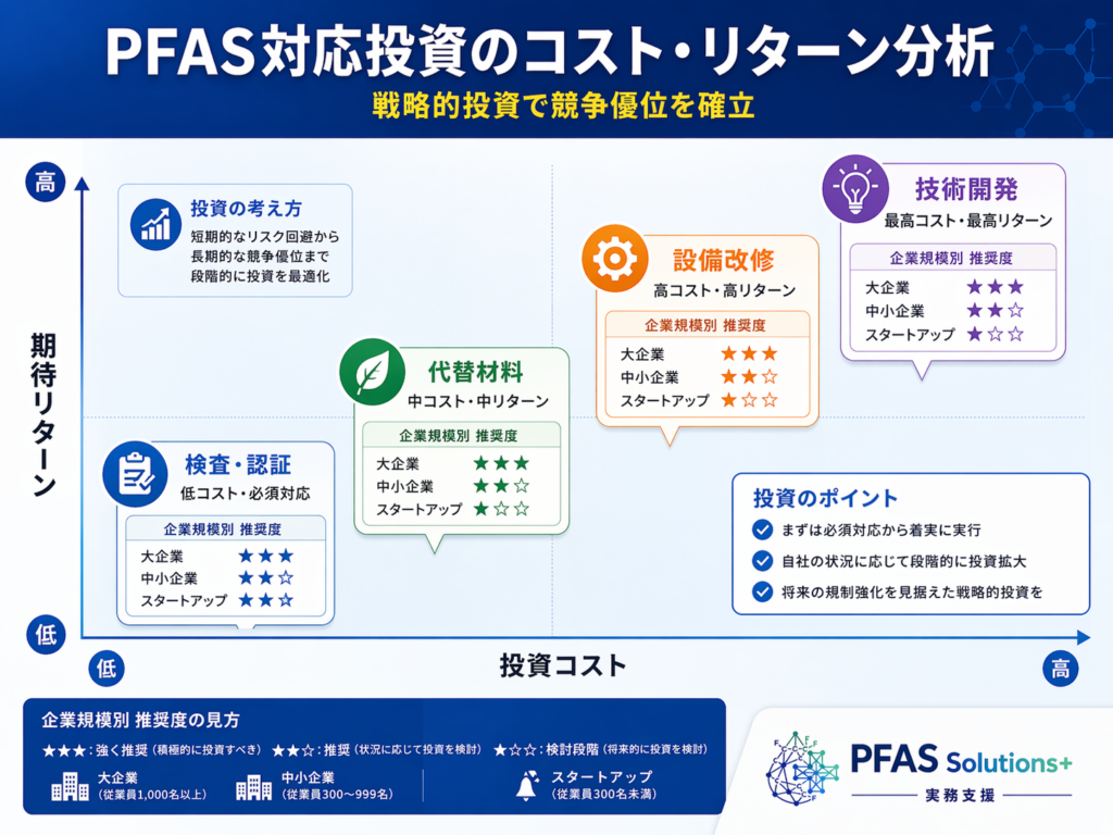 PFAS投資のコストとリターンを示す図。低〜高コストと期待リターンの軸、各領域の説明ブロック付き。