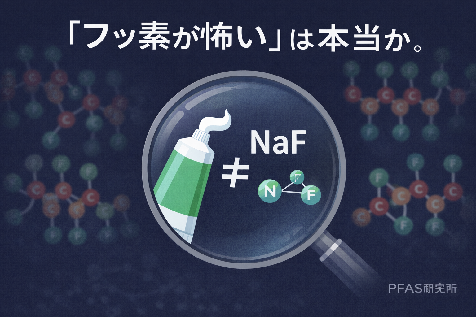 Educational graphic examining fluoride safety: magnifying glass over NaF formula and toothpaste tube, with Japanese text asking about fluoride fear.